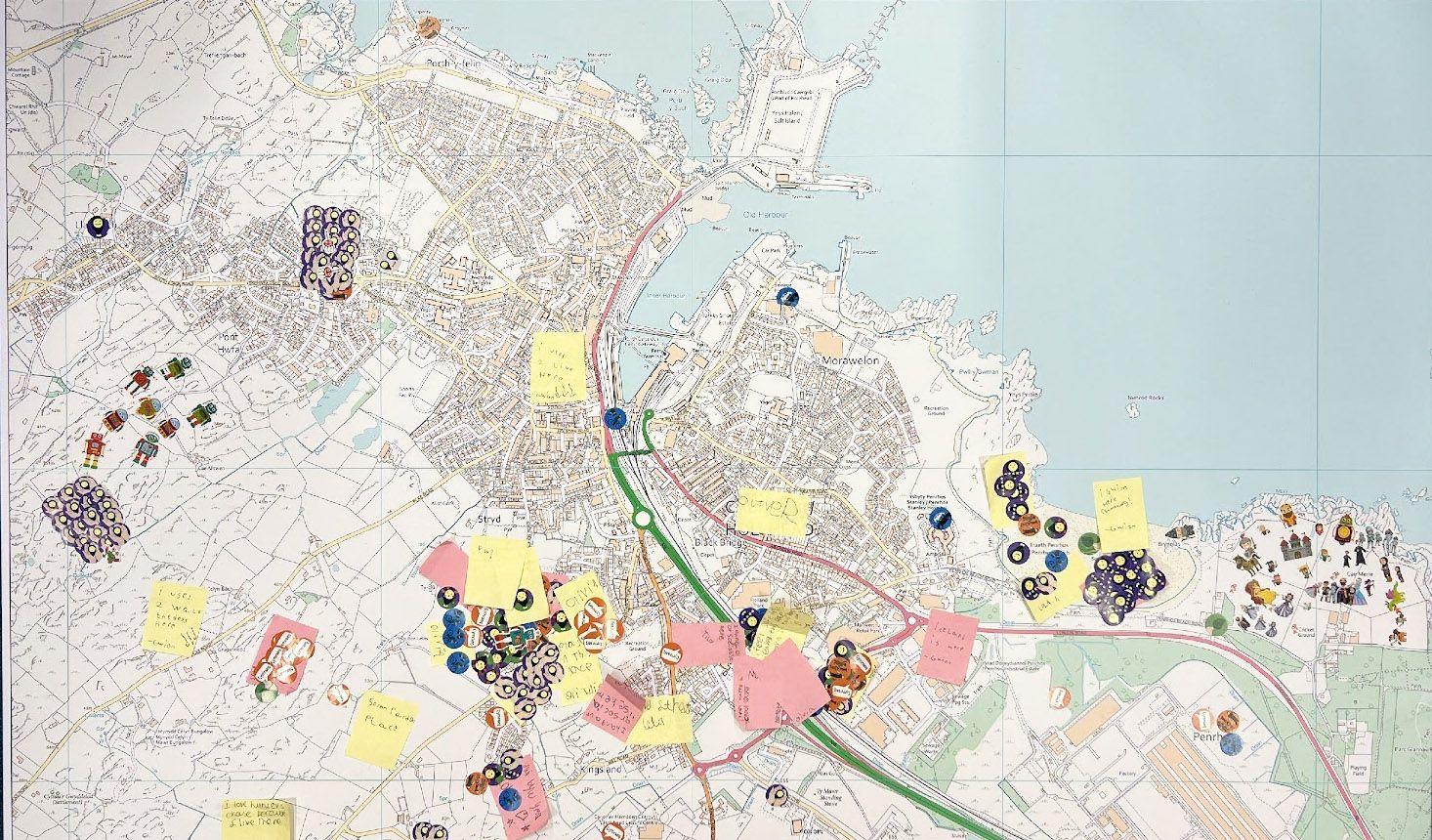 A map showing children’s use of stickers to explore social places in their neighbourhood in Anglesey
