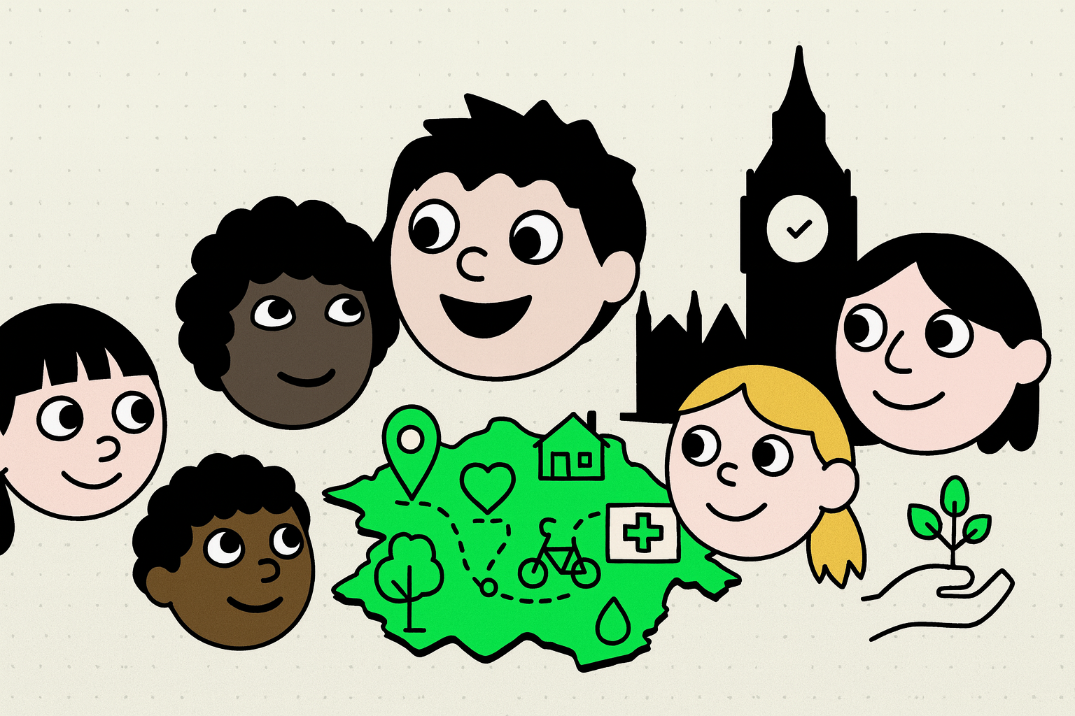Illustration in a playful cartoon style showing six children’s faces around a bright green map. The map includes doodle icons of a tree, bicycle, house, heart, water drop, and medical cross, representing community and wellbeing. In the background is a black silhouette of the UK Parliament with Big Ben. A hand holds a small green plant on the right, symbolising growth and natural health.