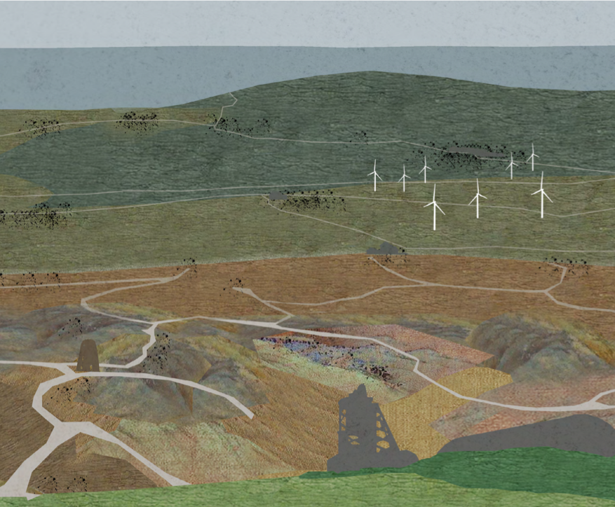 An illustration of a windfarm just inland of the sea