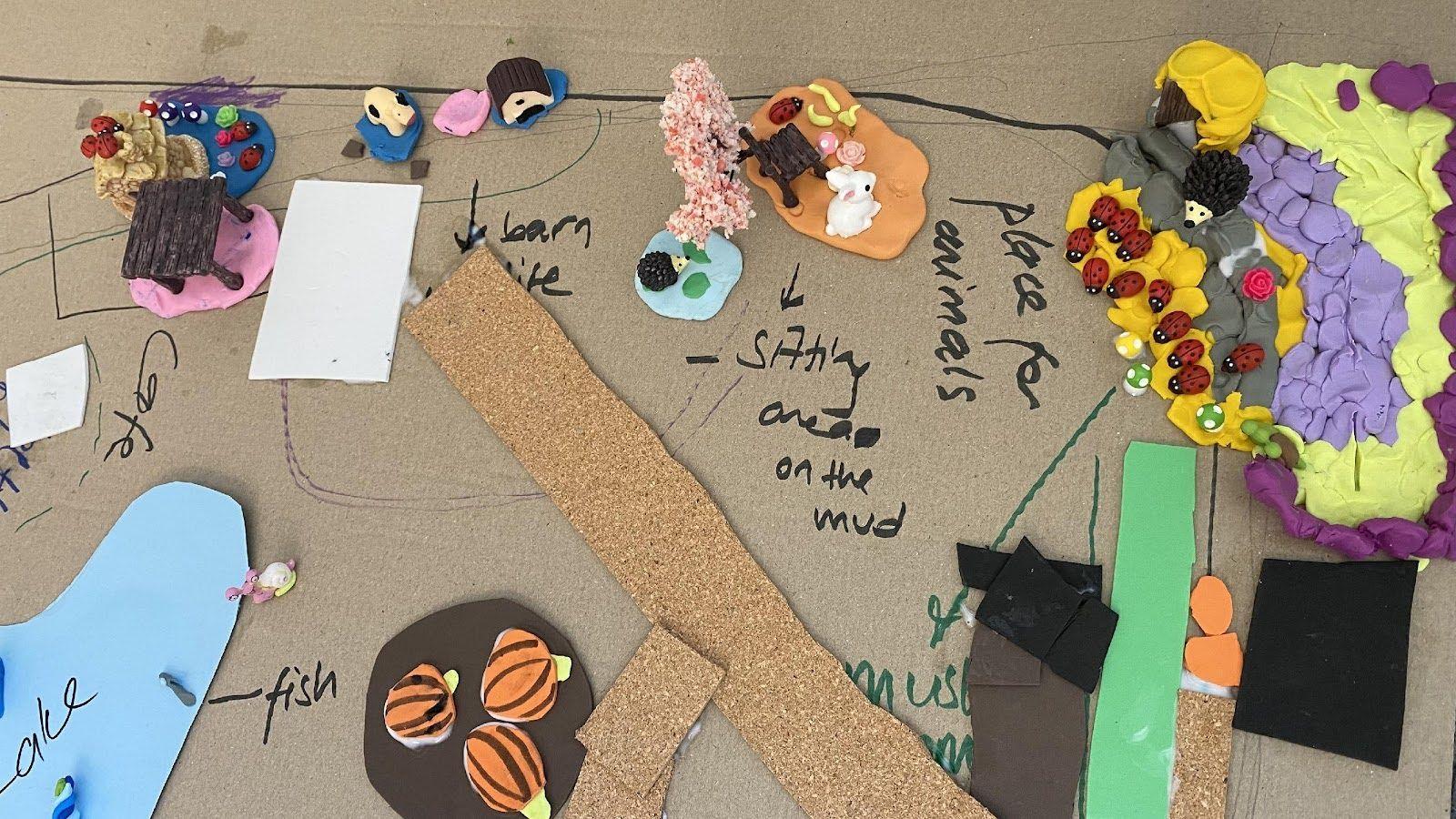 A model map made by children using cardboard, cork, foam, plasticine, paper