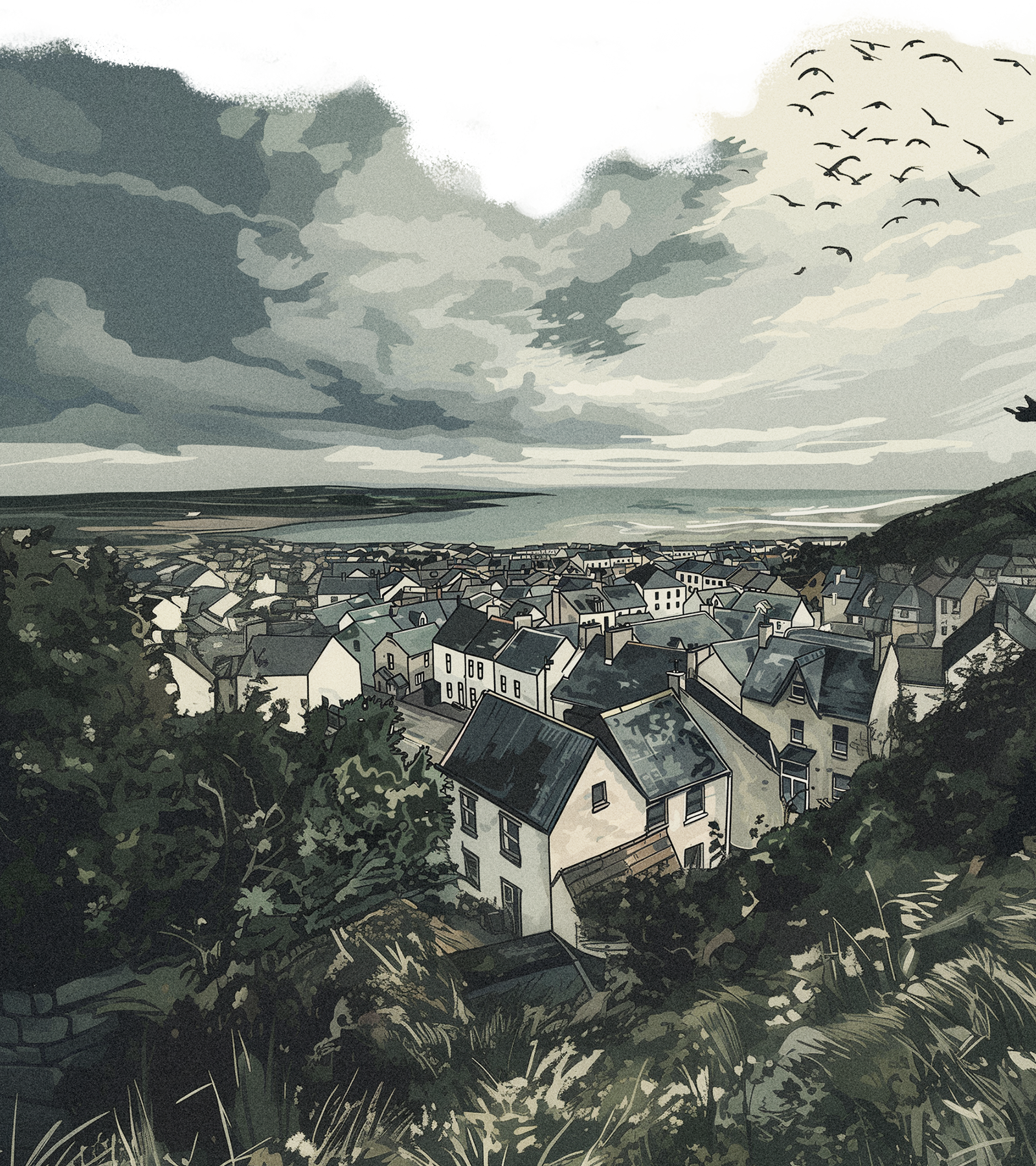 An illustration of a run down town with the coast visible in the distance. The colours are muted greens, blues and greys.